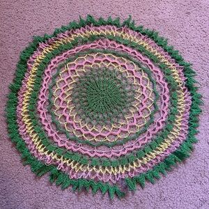 VTG HAND CROCHETED DOILY 17” Pink Yellow Green Vintage Handmade Damaged